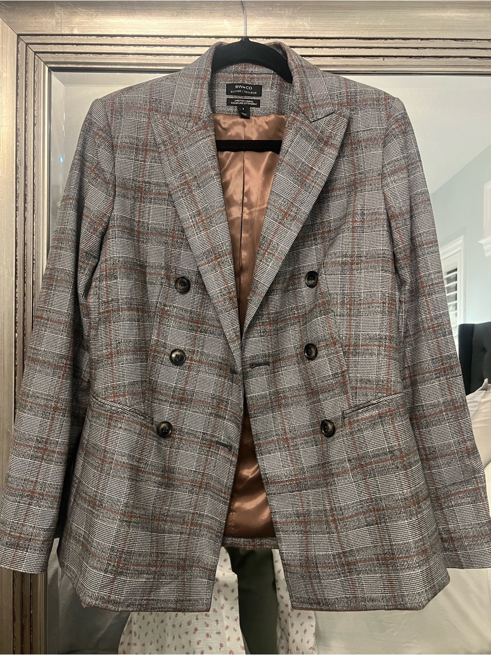 RW&CO. Gray Plaid Double-Breasted Blazer with Brown Windowpane